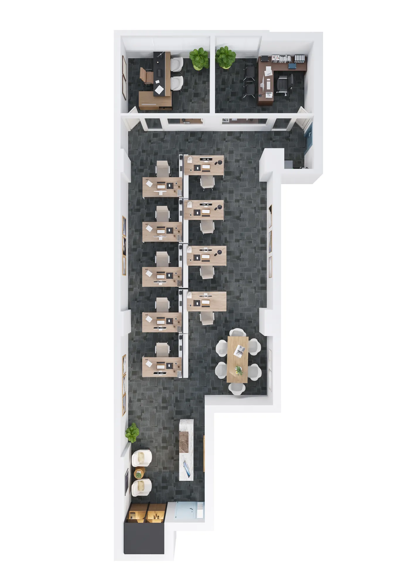 Floor plan with furniture, virtually staged